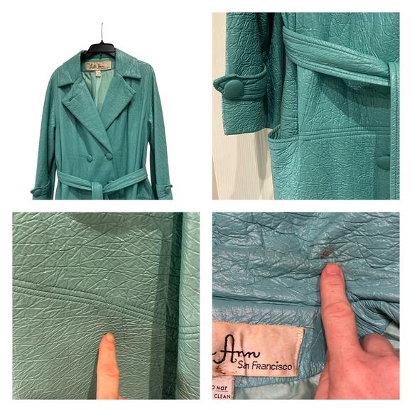 Vintage 1960s Lilli Ann Faux Leather Turquoise Coat Belted Mod Jacket | XL - - Picture 4 of 5